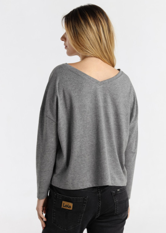 Camiseta Manga Larga Corte Amplio Cuello Pico gris