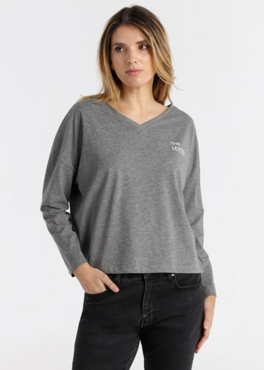 Camiseta Manga Larga Corte Amplio Cuello Pico gris