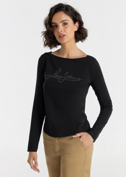 Camiseta Manga Larga  Cuello Barco  Gráfica Sugar negra