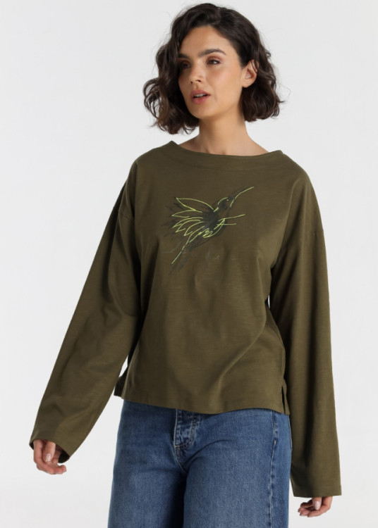 Camiseta Manga Larga Gráfica Colibrí verde