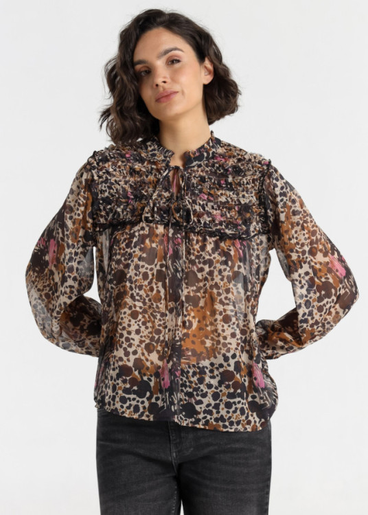 Blusa estampado cuello lazo marrón