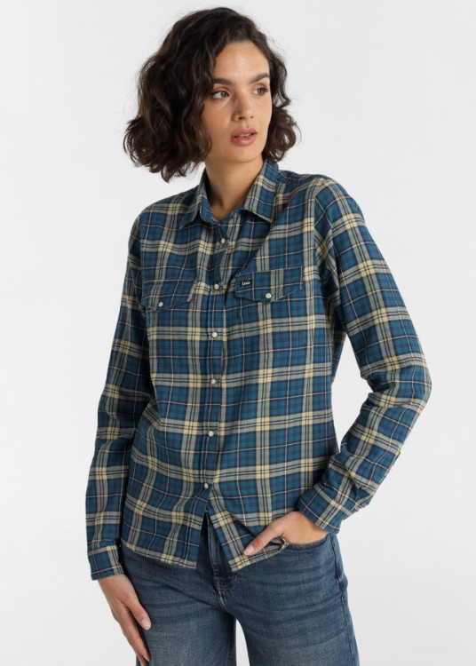 Camisa Manga Larga Cuadros Bolsillos azul
