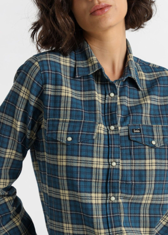 Camisa Manga Larga Cuadros Bolsillos azul