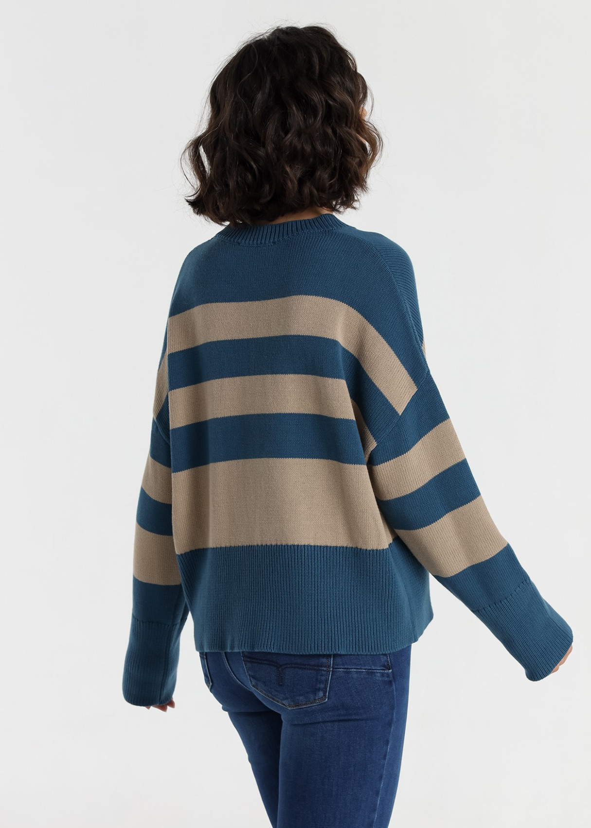 Jersey De Cuello Redondo Jeans Para Mujer A Franjas Con Abertura En El Bajo  Para Looks Informales