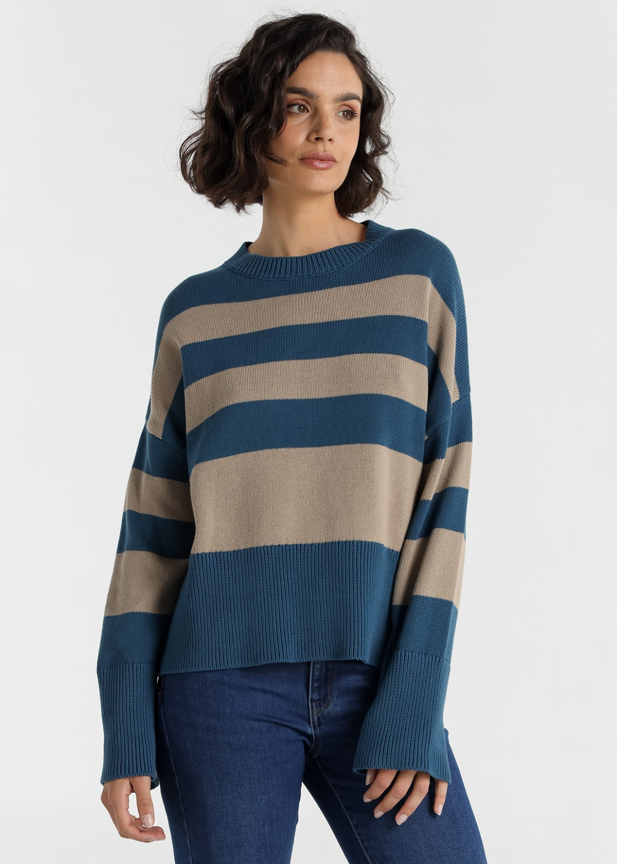 Jersey De Cuello Redondo Jeans Para Mujer A Franjas Con Abertura En El Bajo  Para Looks Informales
