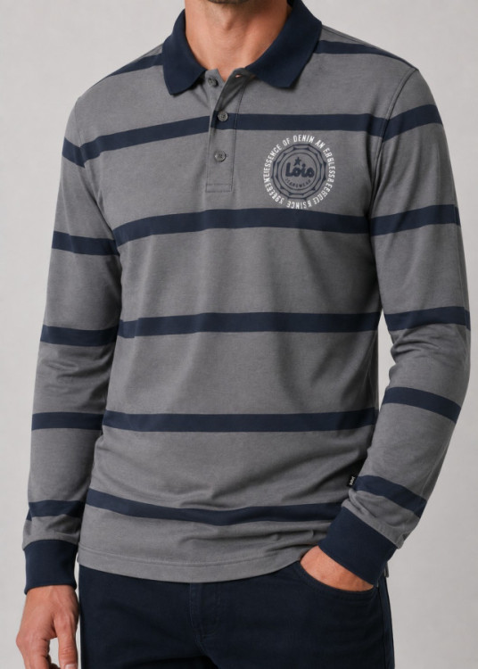 Polo Manga Larga Rayas cuello a contraste gris