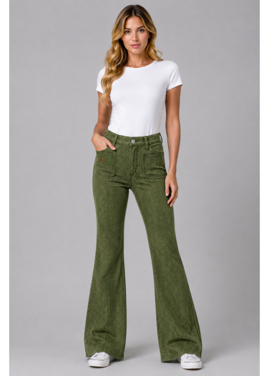 Pantalón Flare Pana Bolsillos De Plastrón verde
