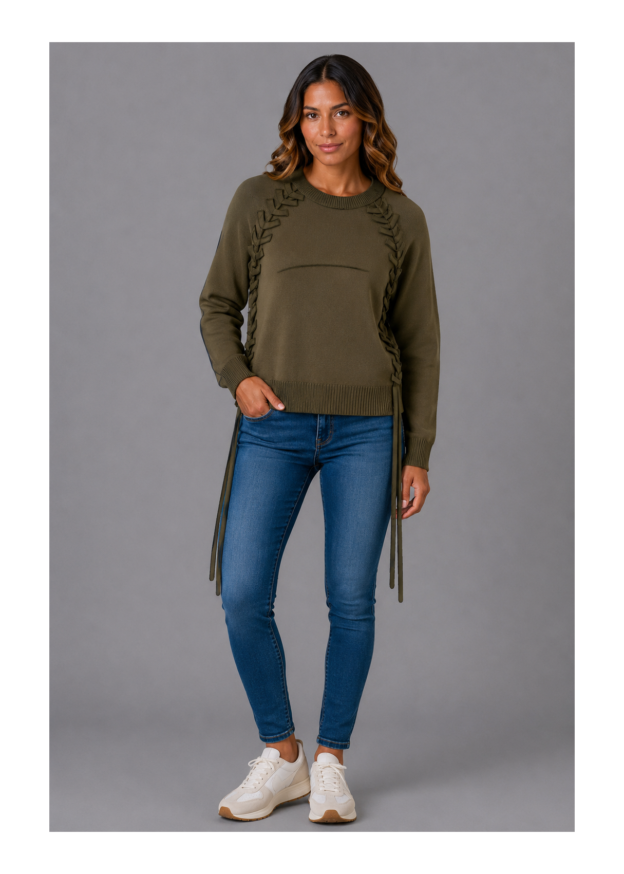 Jersey  Cuello Redondo Detalle Trenzado verde