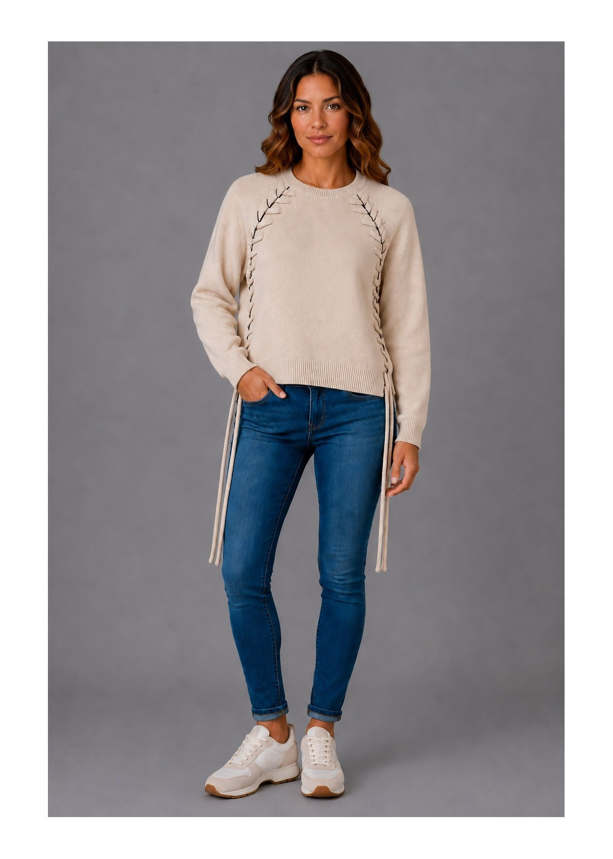 Jersey  Cuello Redondo Detalle Trenzado beige