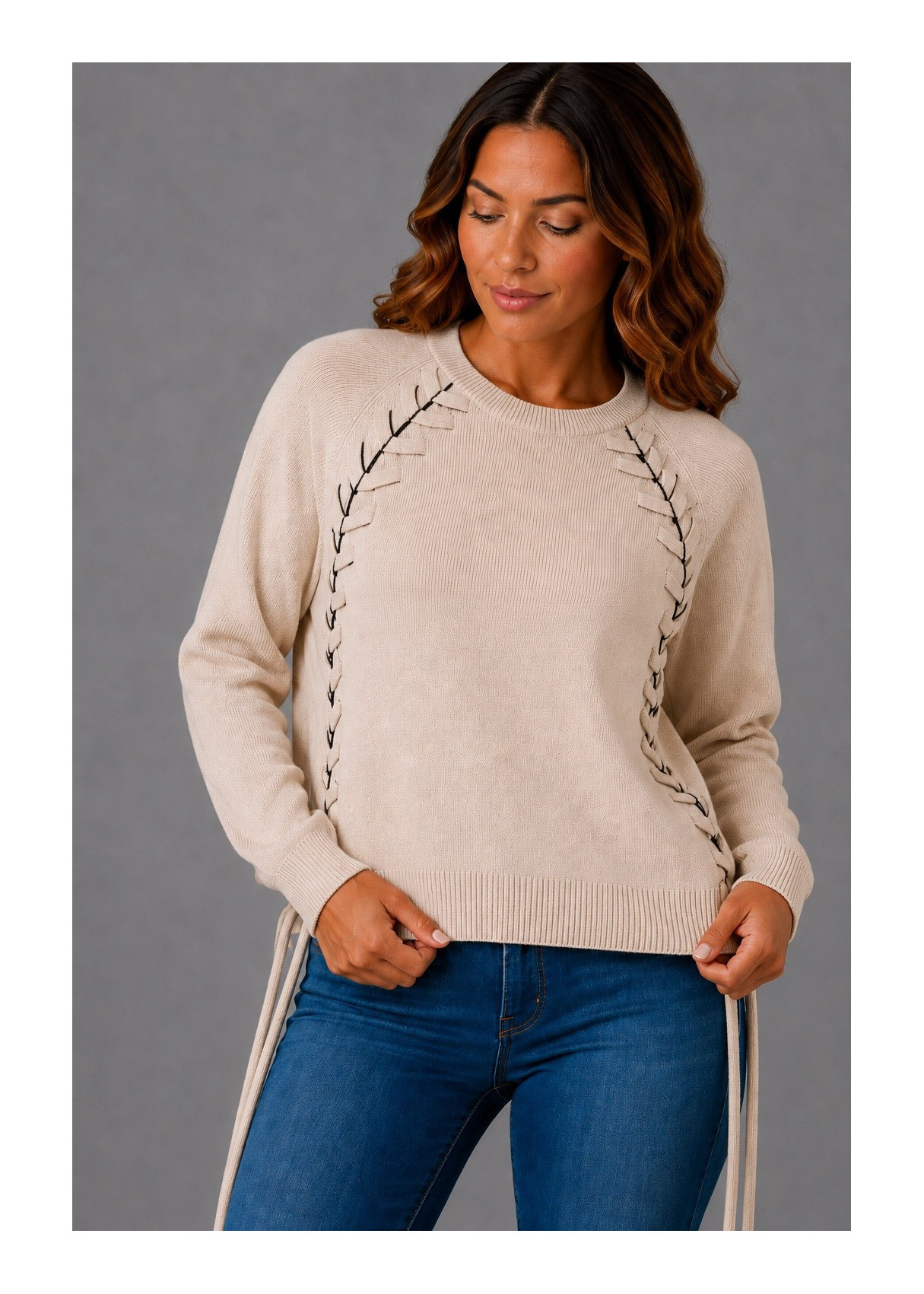 Jersey  Cuello Redondo Detalle Trenzado beige