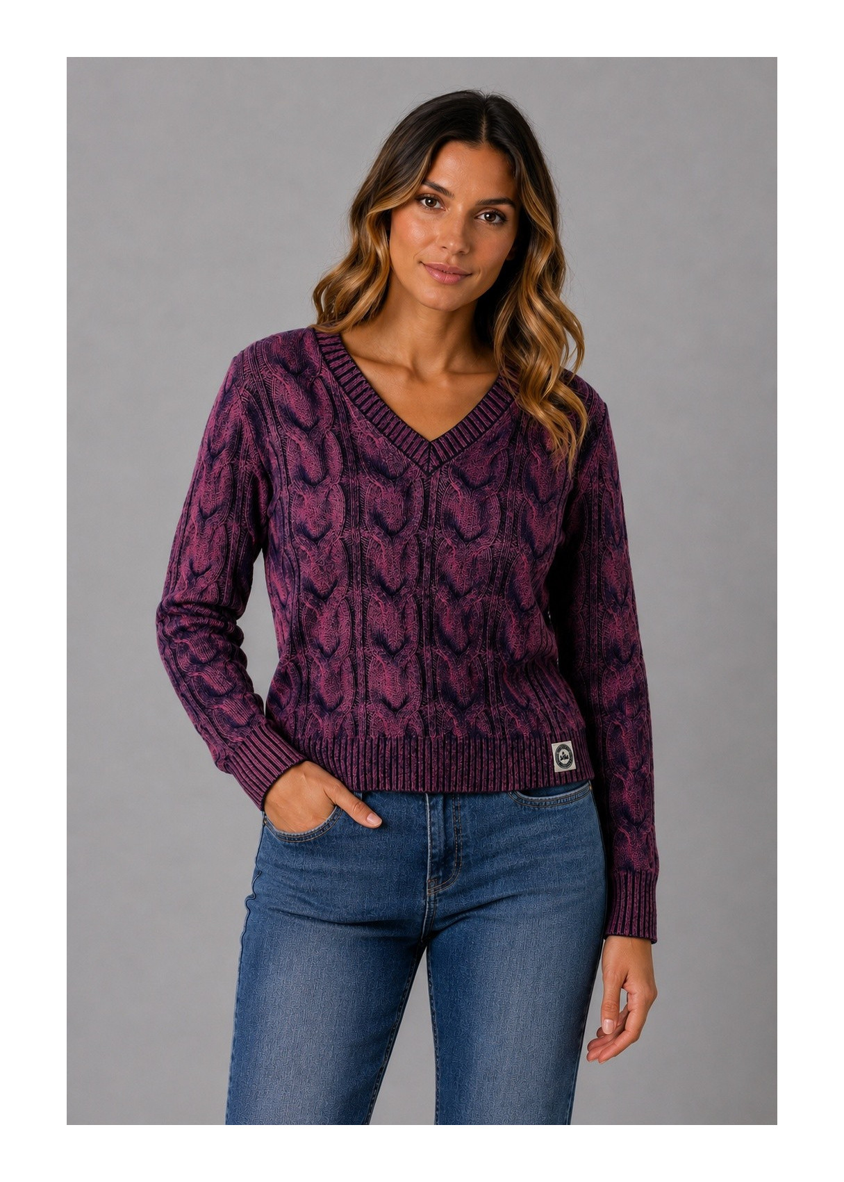 Jersey De Cuello Pico Con Textura De Ochos De Jeans Para Mujer  Carácter Distintivo