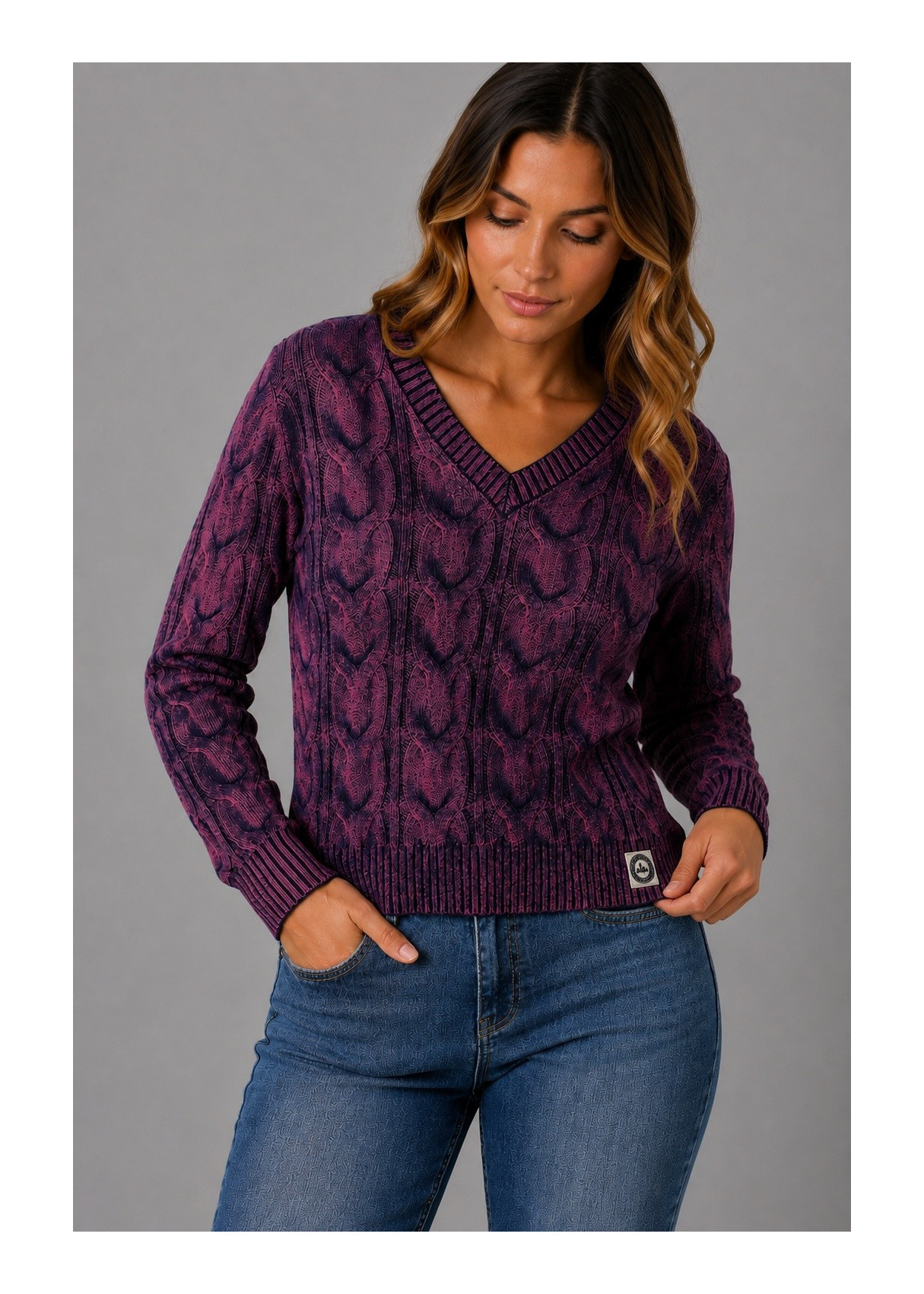 Jersey De Cuello Pico Con Textura De Ochos De Jeans Para Mujer  Carácter Distintivo
