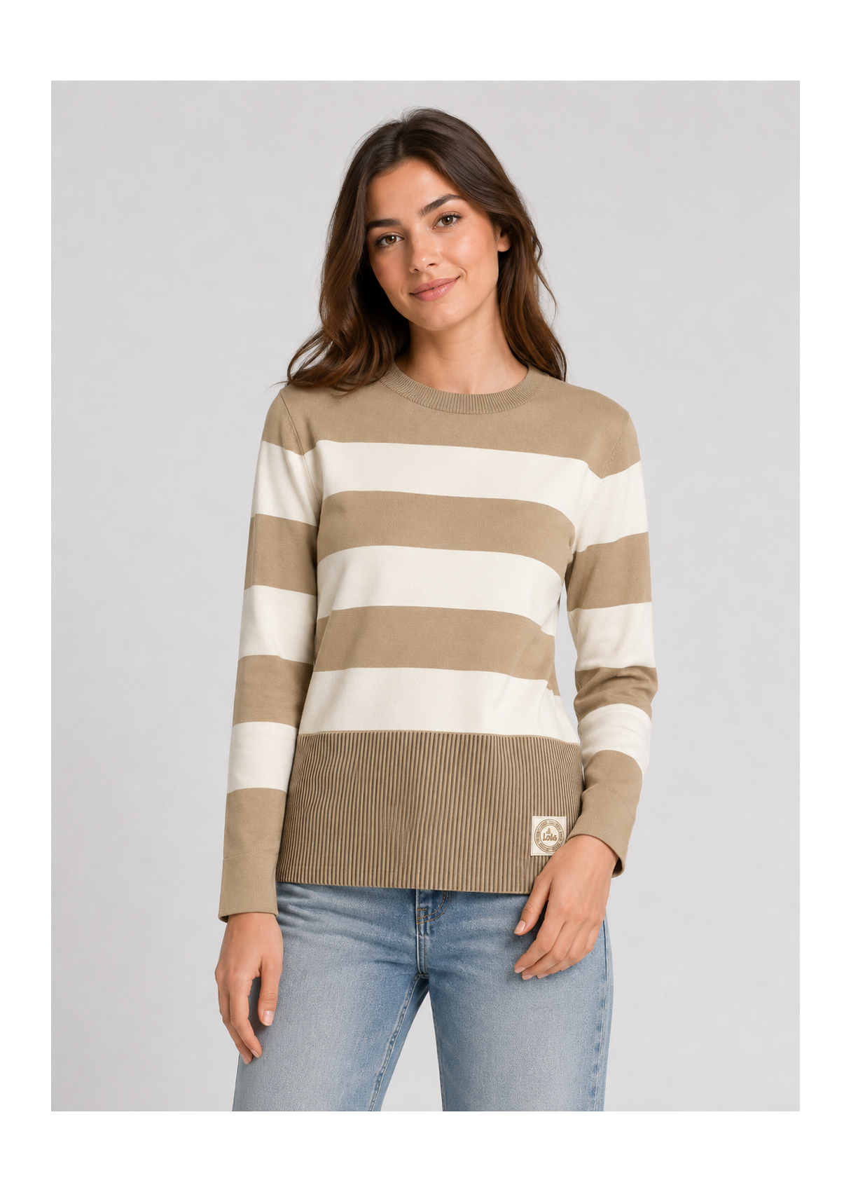 Jersey De Cuello Redondo De Mujer Jeans A Franjas Con Abertura En El Bajo  Esencial De Invierno