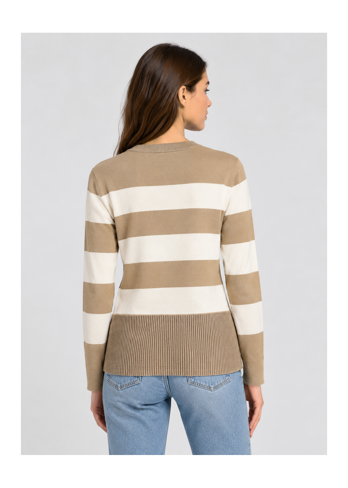 Jersey De Cuello Redondo De Mujer Jeans A Franjas Con Abertura En El Bajo  Esencial De Invierno