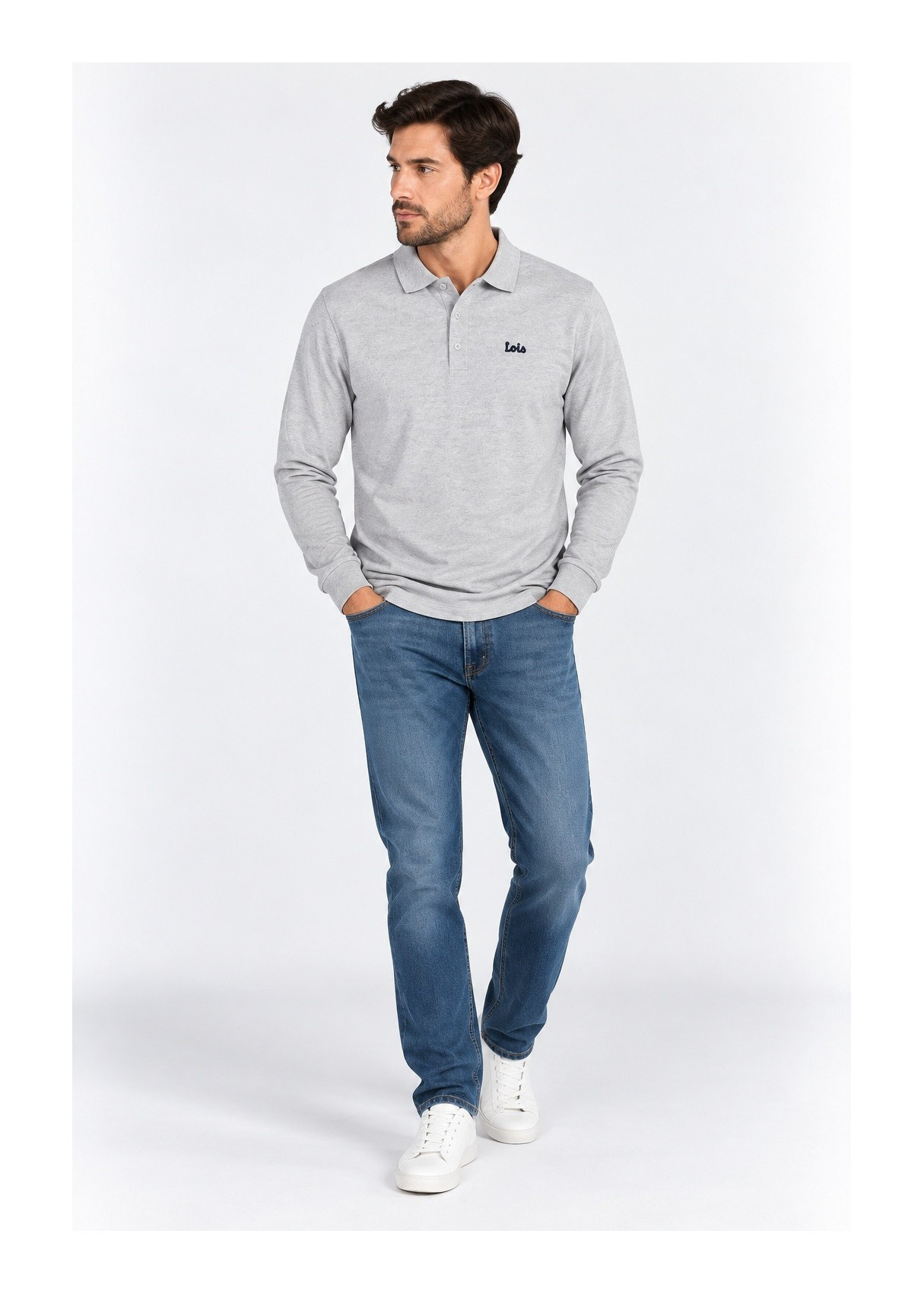 Polo Manga Larga Piqué Parche Logotipo bordado gris