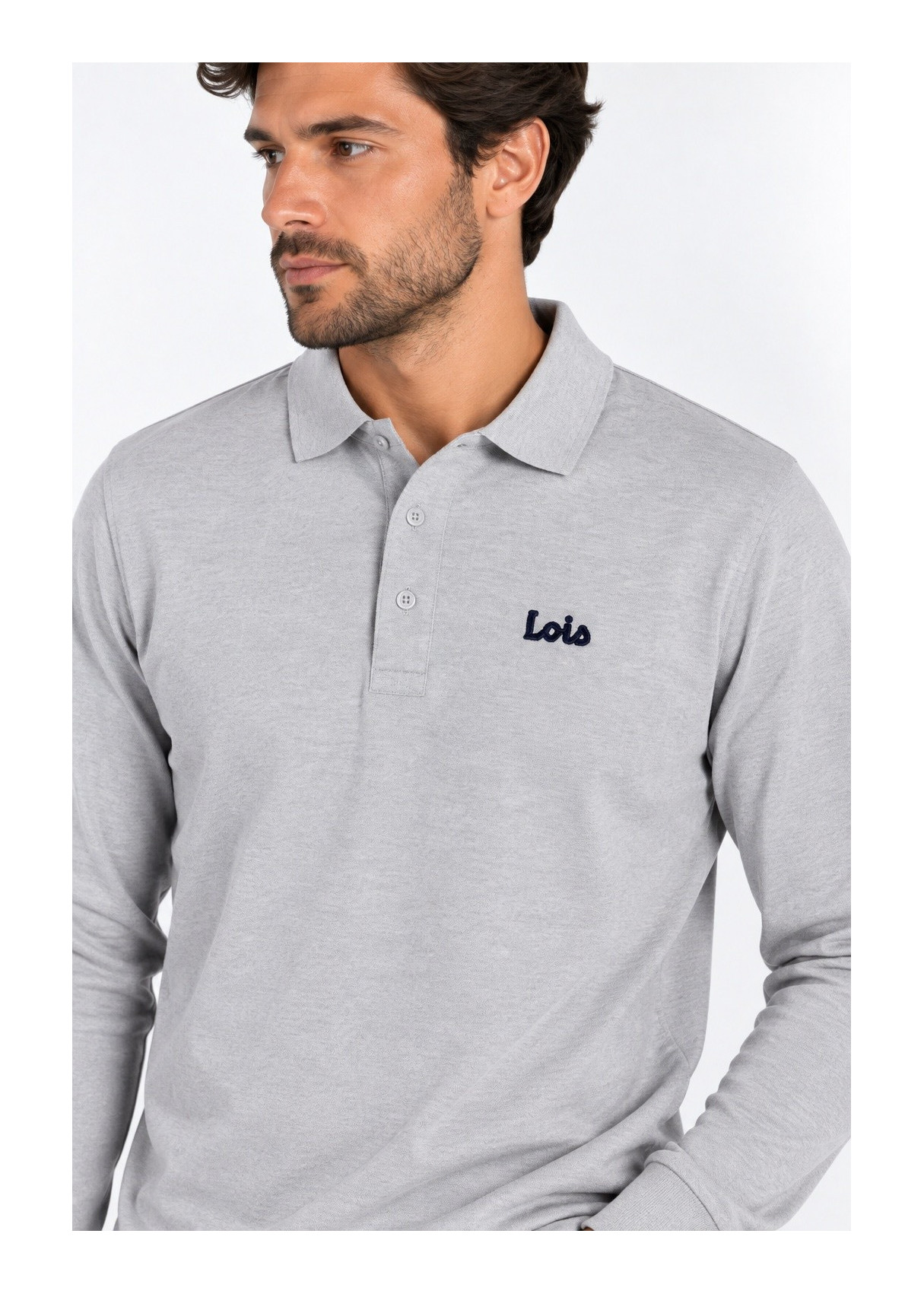 Polo Manga Larga Piqué Parche Logotipo bordado gris