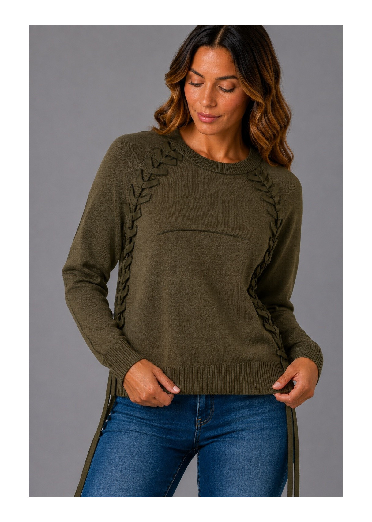 Jersey  Cuello Redondo Detalle Trenzado verde