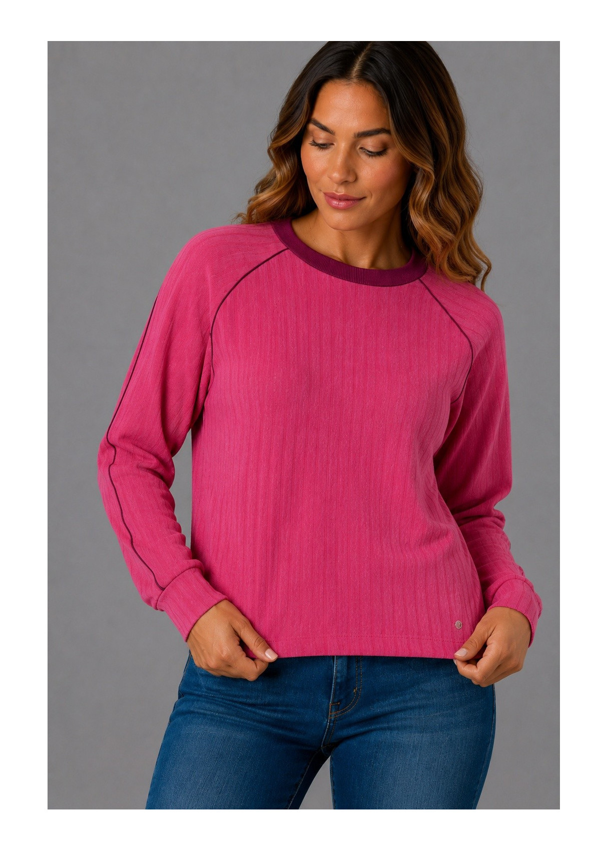 Jersey Cuello Redondo Manga Japonesa Acabado Pelo rosa