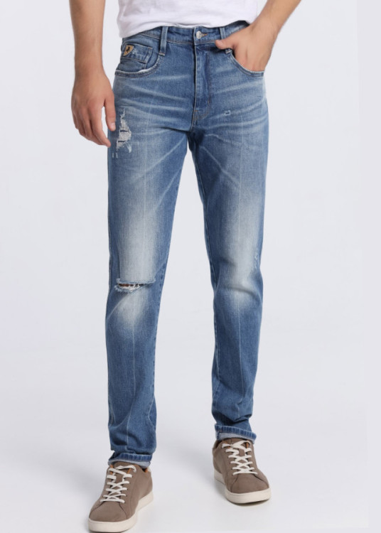 Vaqueros regular Fit cintura alta detalle rotos Premium DRAYSON DEREK azul