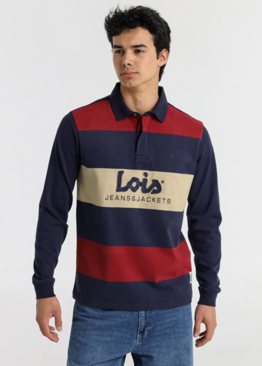 Polo Manga Larga Franjas Bordado logo rojo