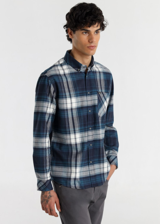 Camisa Manga Larga Franela Cuadros Bolsillo azul