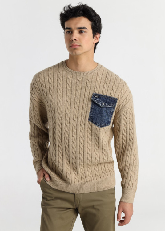 Jersey Cuello Redondo  Bolsillo Denim marrón