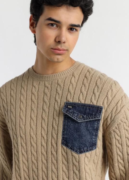 Jersey Cuello Redondo  Bolsillo Denim marrón