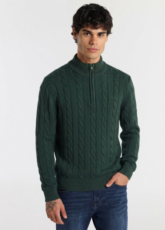 Jersey Cuello Perkins cremallera Punto Cableado verde