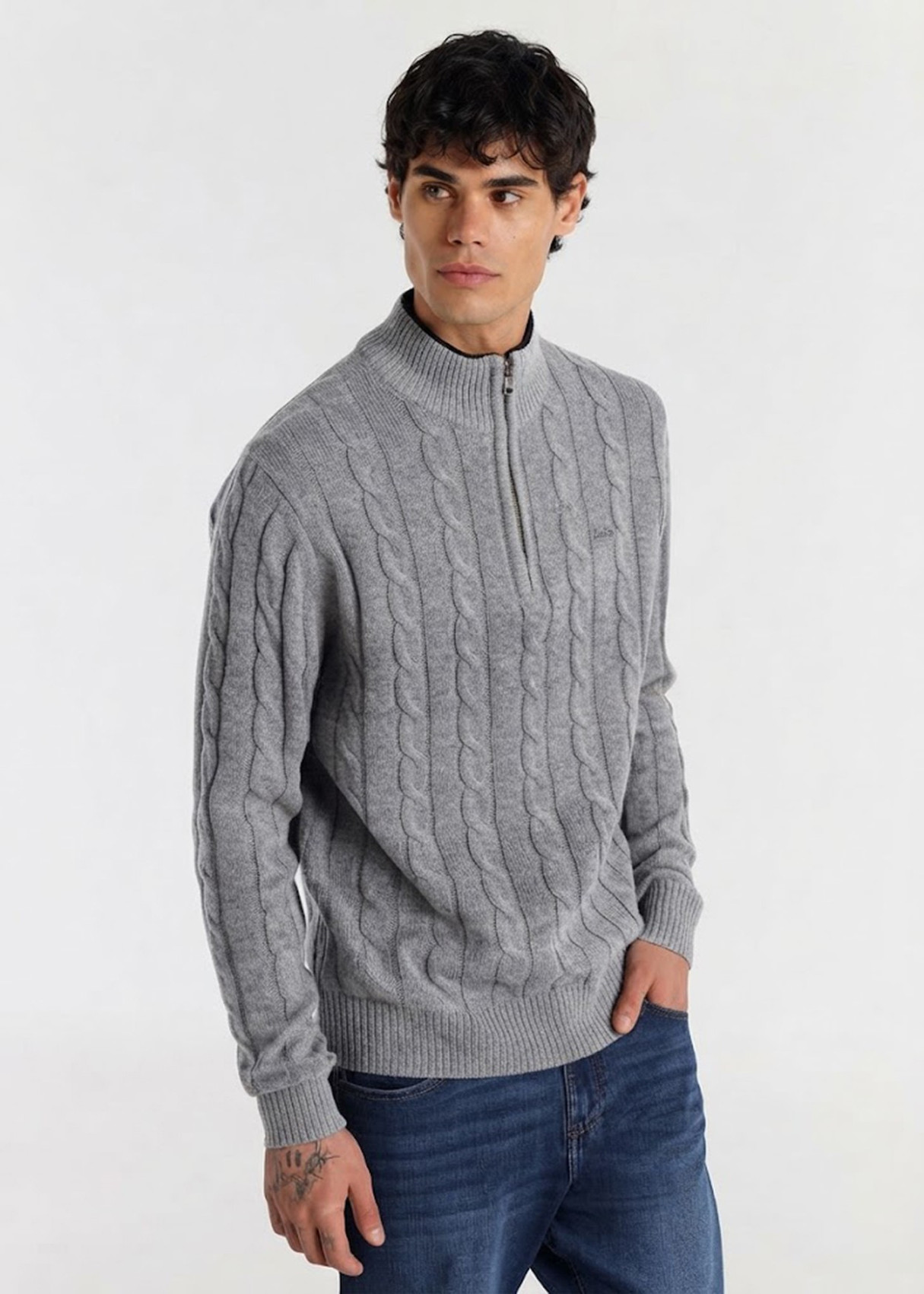 Jersey Cuello Perkins cremallera Punto Cableado gris