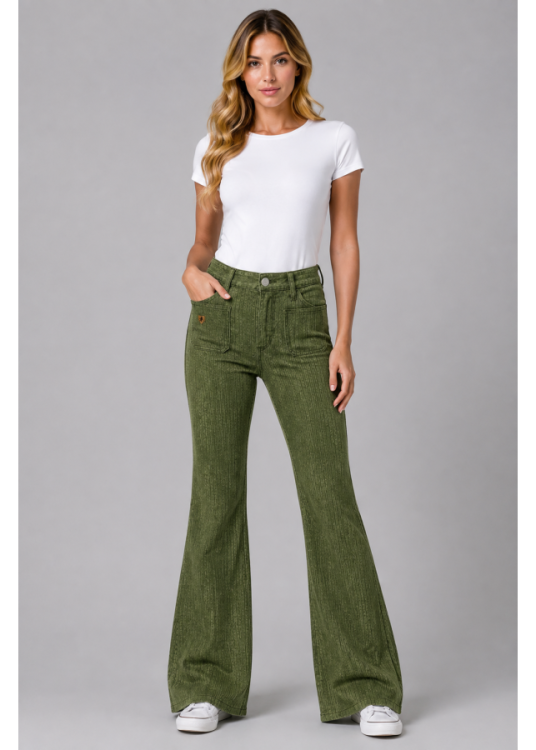 Pantalón Flare Pana Bolsillos De Plastrón verde