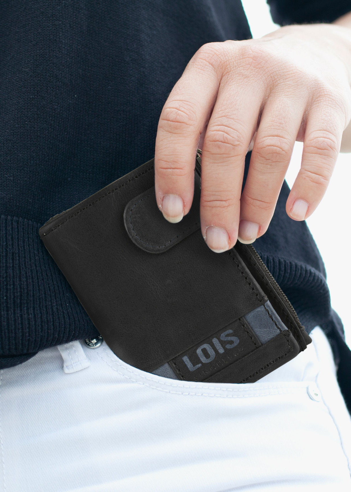 Cartera billetera con tarjetero y monedero cierre botón y llavero piel negra