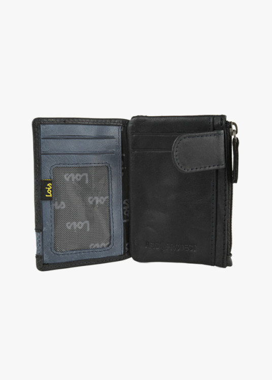 Cartera billetera con tarjetero y monedero cierre botón y llavero piel negra