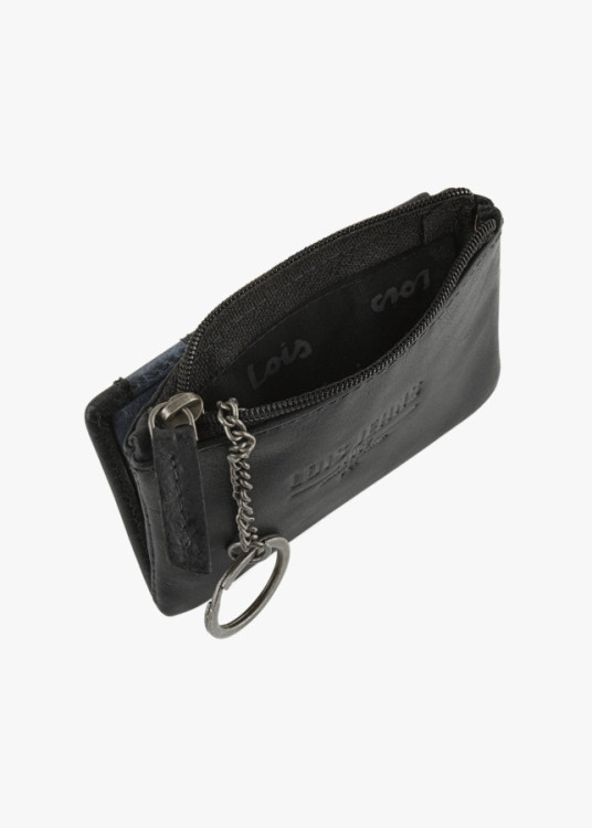 Cartera billetera con tarjetero y monedero cierre botón y llavero piel negra