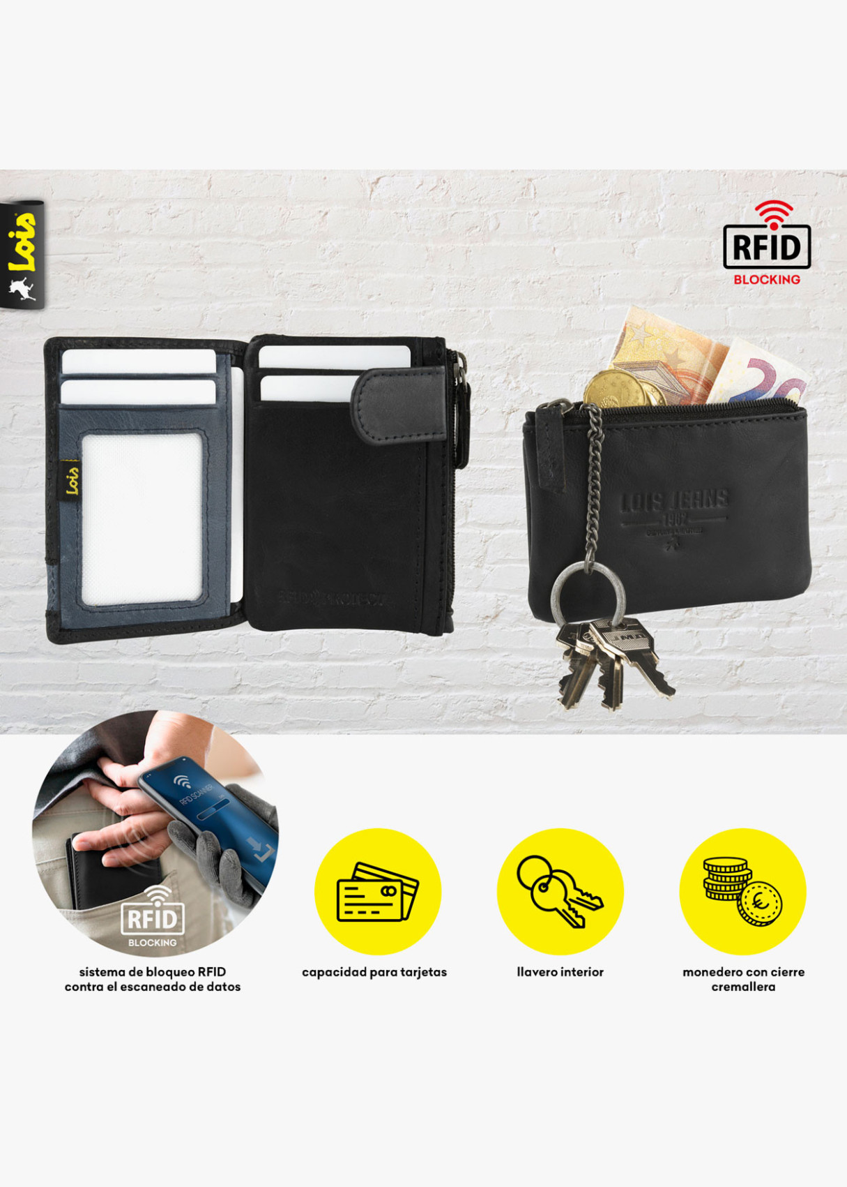 Cartera billetera con tarjetero y monedero cierre botón y llavero piel negra