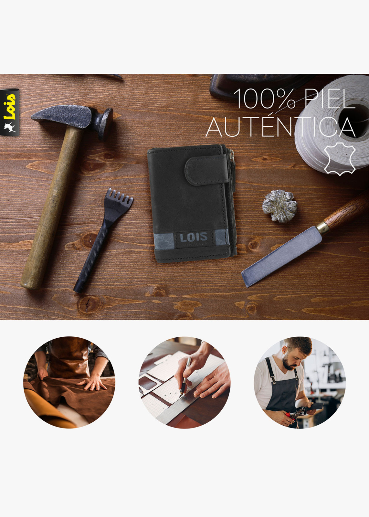 Cartera billetera con tarjetero y monedero cierre botón y llavero piel negra