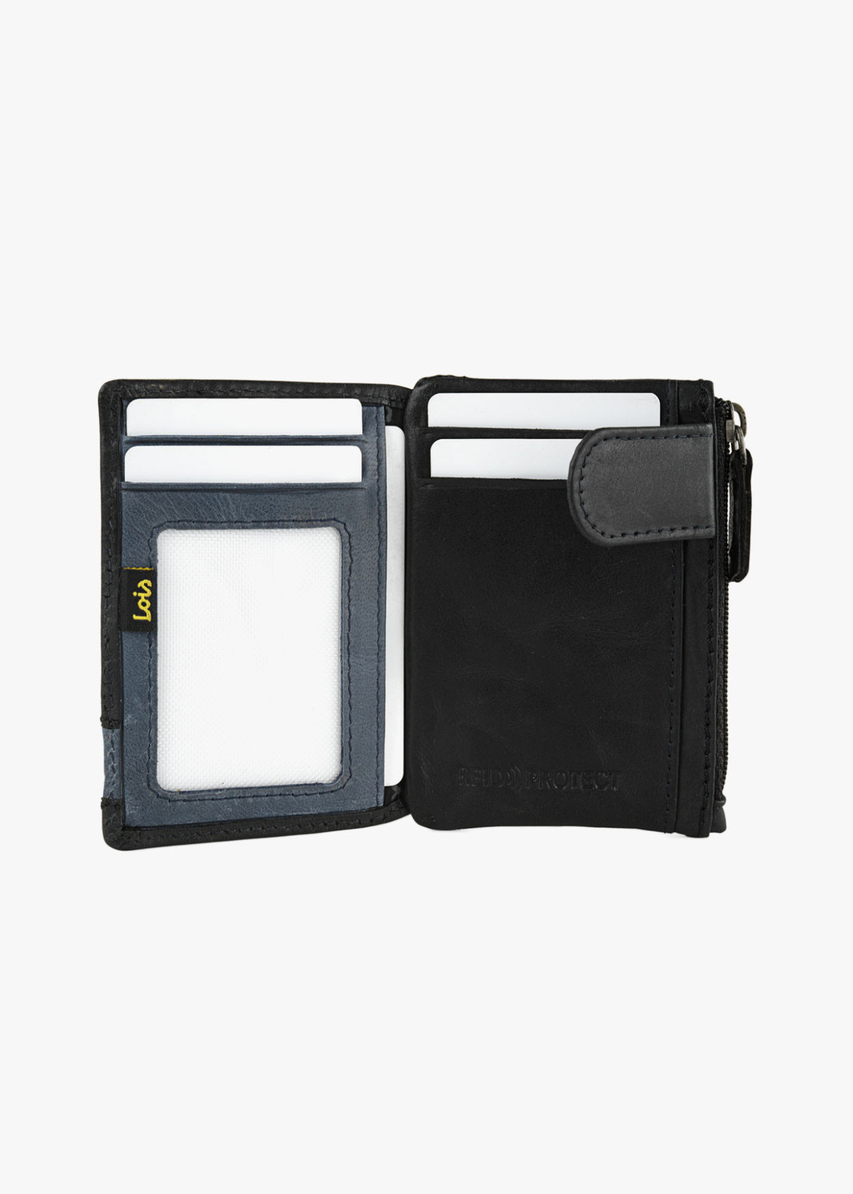 Cartera billetera con tarjetero y monedero cierre botón y llavero piel negra