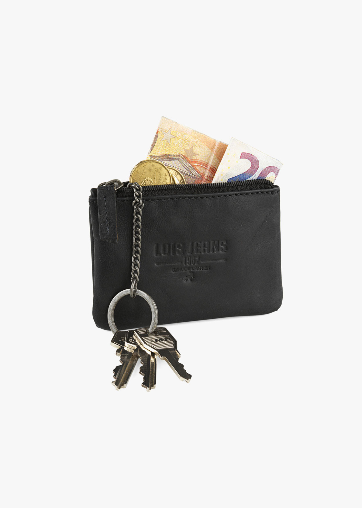 Cartera billetera con tarjetero y monedero cierre botón y llavero piel negra