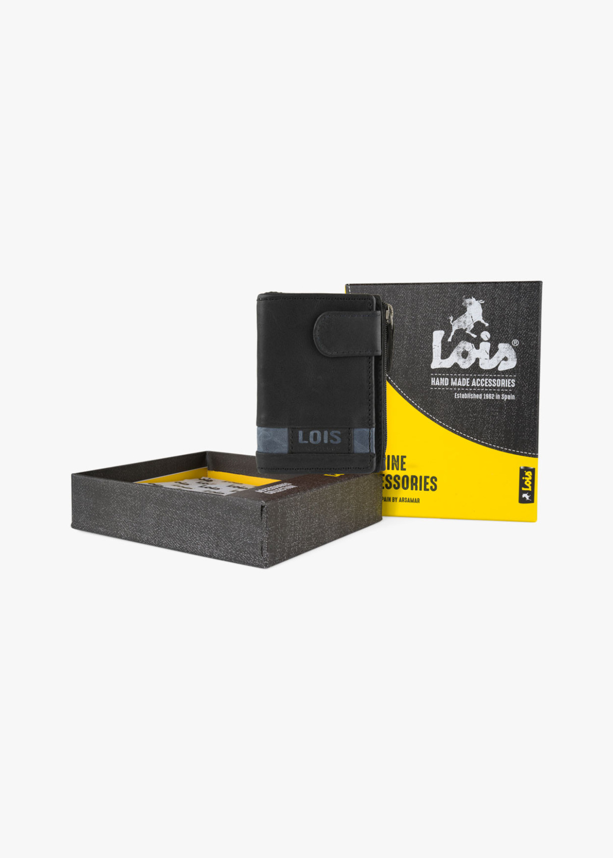 Cartera billetera con tarjetero y monedero cierre botón y llavero piel negra