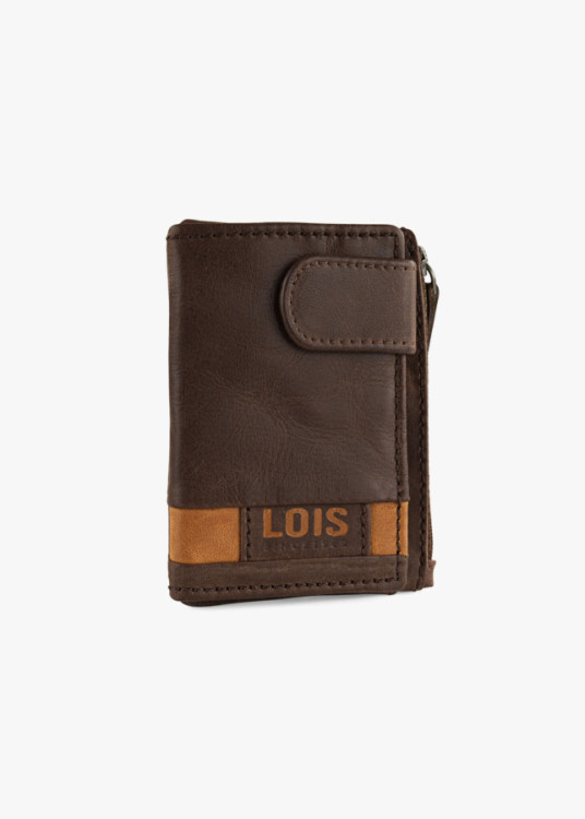 Cartera vertical de piel cierre botón con llavero marrón