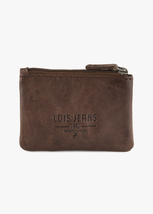 Cartera vertical de piel cierre botón con llavero marrón