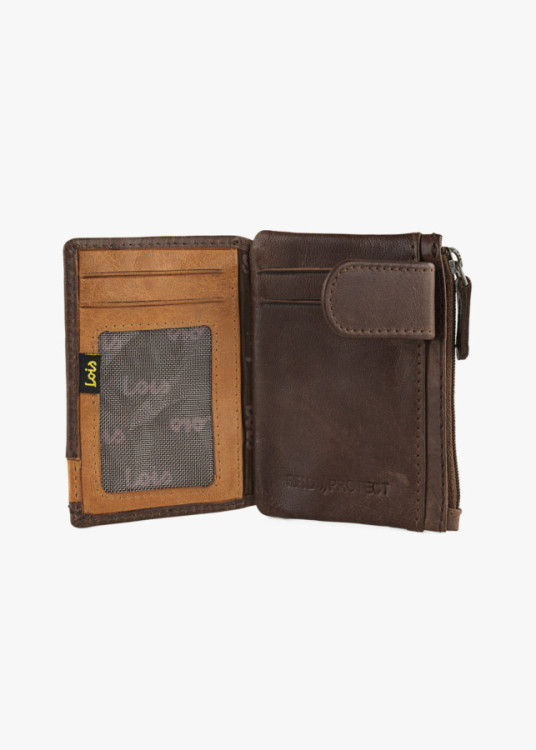 Cartera vertical de piel cierre botón con llavero marrón