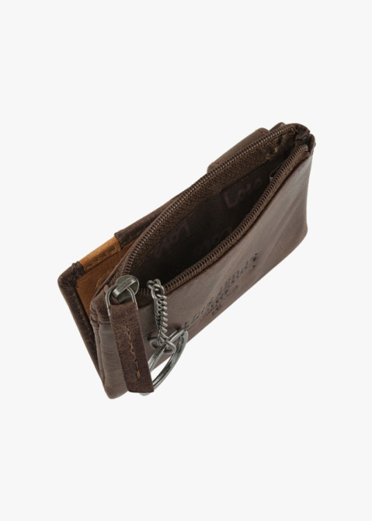 Cartera vertical de piel cierre botón con llavero marrón