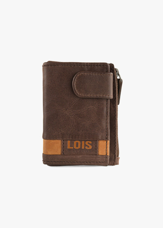 Cartera vertical de piel cierre botón con llavero marrón