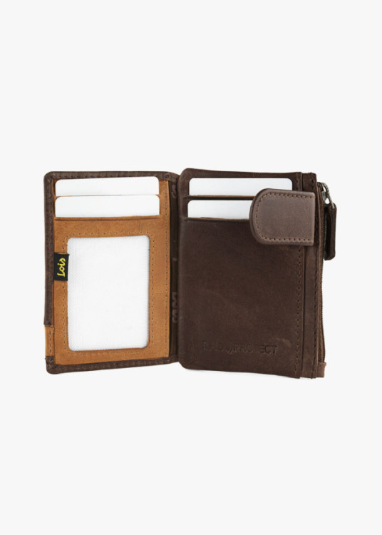 Cartera vertical de piel cierre botón con llavero marrón