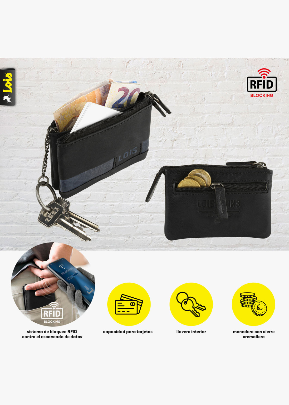 Cartera monedero de piel con detalle llavero negra
