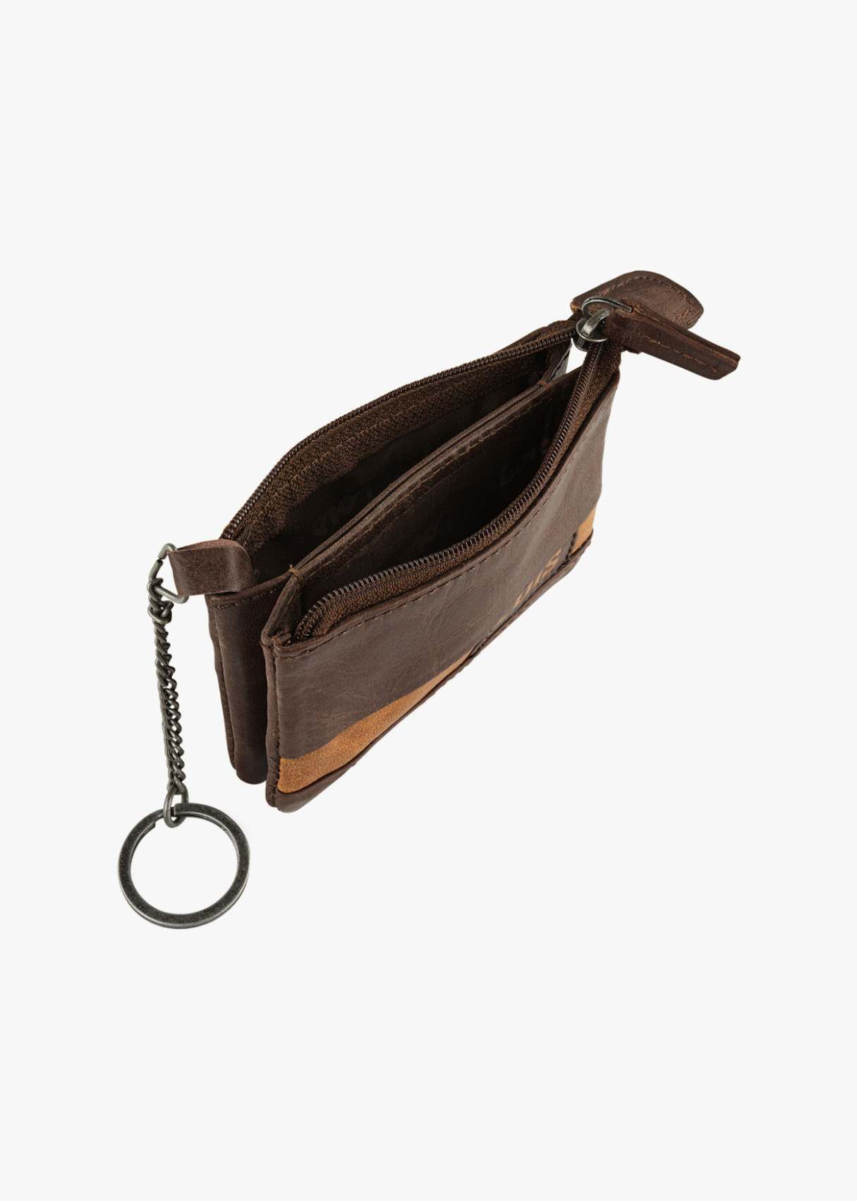Cartera monedero de piel con detalle llavero marrón