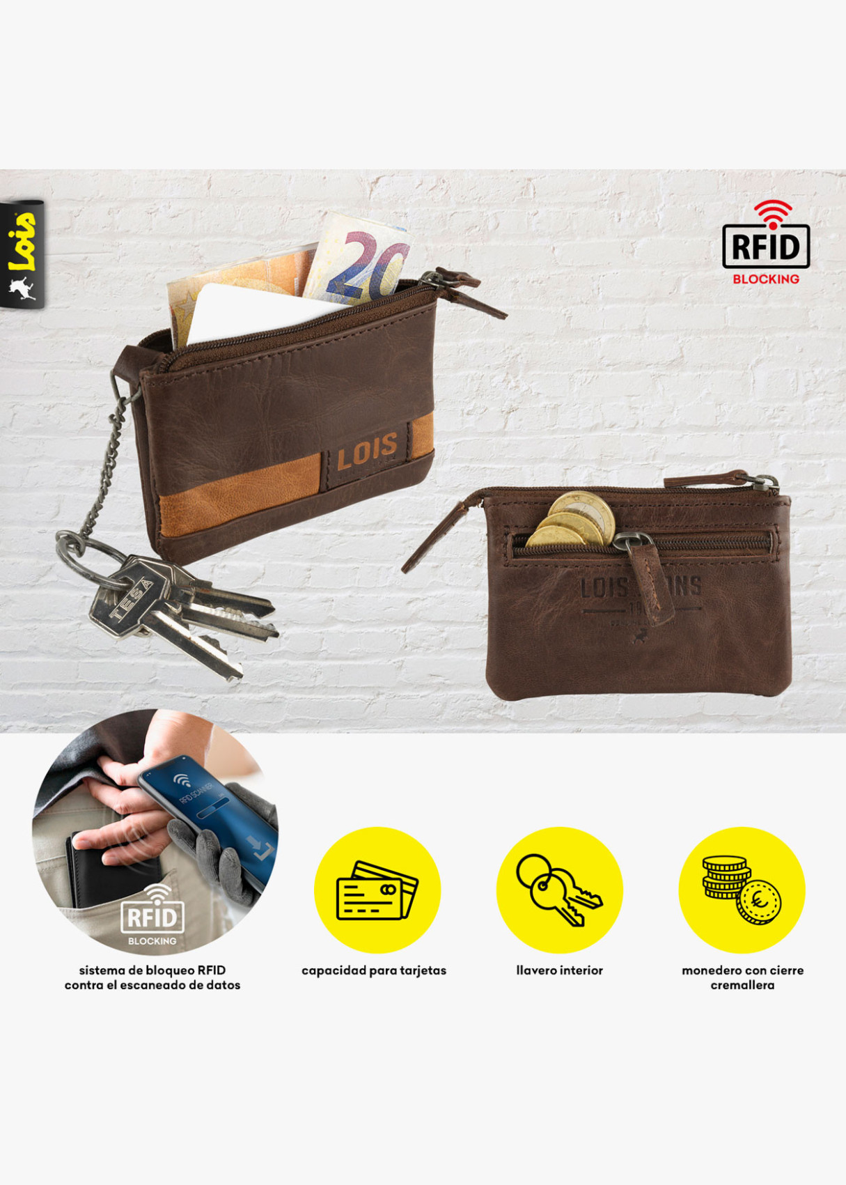 Cartera monedero de piel con detalle llavero marrón