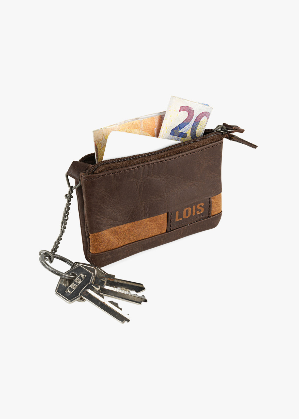 Cartera monedero de piel con detalle llavero marrón