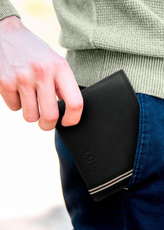 Cartera billetera de piel con monedero cierre elástico negro