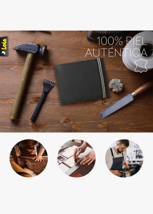 Cartera billetera de piel con monedero cierre elástico negro